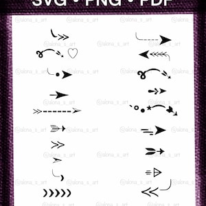 May include: A collection of black arrow designs in various styles, including solid, dashed, and curved, on a white background. The image includes the text "SVG • PNG • PDF" at the top and the artist's name, "@alona_s_art", throughout.