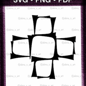 May include: Black and white abstract cross design with the text "SVG • PNG • PDF" at the top. The design features a series of connected, geometric shapes. The artist's name, "@alona_s_art", is repeated around the design.