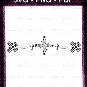May include: A digital design with the text "SVG • PNG • PDF" at the top. The design features a central cross shape, flanked by stylized eye and arrow-like symbols. The design is in black and white, set against a white background with a purple border.
