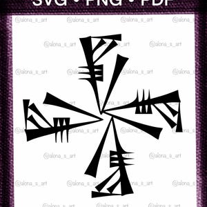 Könnte beinhalten: Schwarzes grafisches Design eines kreuzartigen Symbols mit eckigen Formen auf weißem Hintergrund. Der Text "SVG • PNG • PDF" steht oben. Der Künstlername "@alona_s_art" wiederholt sich um das Bild.