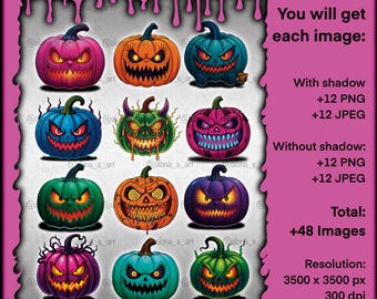 ハロウィンかぼちゃクリップアートセット、不気味なデザイン（デジタルダウンロード）
