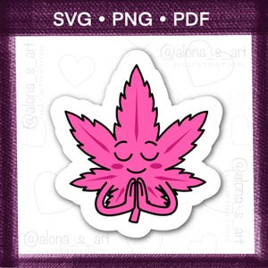 May include: A digital illustration of a bright pink cannabis leaf character with a smiling face, closed eyes, and rosy cheeks, depicted in a meditative pose with hands pressed together in a prayer position, outlined in black on a white background.