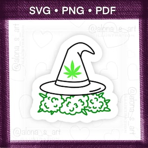 May include: A digital illustration of a white witch hat with a black outline and a bright green cannabis leaf symbol on the front, positioned above a cluster of green cannabis buds. The top text reads SVG • PNG • PDF.
