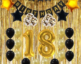 Gold & Black Birthday Decorations, 18th Birthday, 21st Birthday, 30th Birthday, 40th Birthday, Happy Birthday Banner, Balloons, Curtain