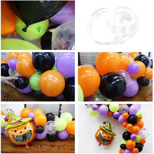 May include: A Halloween balloon garland with orange, black, green, purple, and clear balloons. The garland is decorated with confetti and a pumpkin-shaped balloon with a witch's hat.