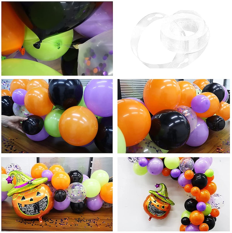 May include: A Halloween balloon garland with orange, black, green, purple, and clear balloons. The garland is decorated with confetti and a pumpkin-shaped balloon with a witch's hat.