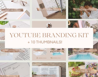 以下が含まれることがあります： 「YOUTUBE BRANDING KIT + 10 THUMBNAILS!」というタイトルの、10枚のYouTubeサムネイル画像のコラージュ。サムネイルには、祈る女性、プールにいる女性、プランナーを持つ女性、聖書を持つ女性、食べ物のあるプレートを持つ女性、家を持つ女性の画像が映し出されています。サムネイルはすべて明るく風通しの良いスタイルです。