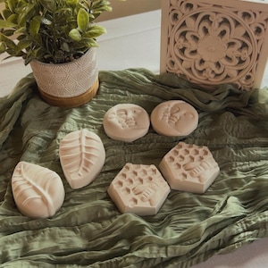 Peut inclure: Une collection de savons beiges avec divers motifs inspirés de la nature, notamment des feuilles, des abeilles et des motifs en nid d'abeille. Les savons sont disposés sur un tissu vert, avec une petite plante en pot et une boîte en bois décorative en arrière-plan.