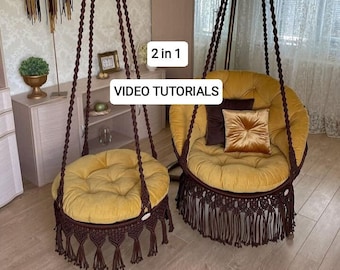 2in1 VIDEO Tutorials Pattern Macrame Hanging Chair+Round swing DIY Hammock Step-by-step instructions even for begginers Boho Macrame pattern