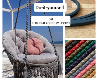 DIY Set for macrame hanging chair VIDEO tutorial+cord+2 hoops Macrame chair for kids and adults Step-by-step instruction even for beginners