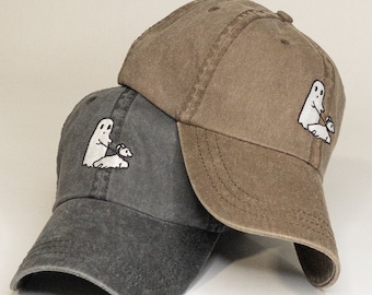 Ghost Walking Dog Dad Hat, Embroidered Baseball Cap, VSCO, Tumblr, Aesthetic, Washed, Vintage, Halloween
