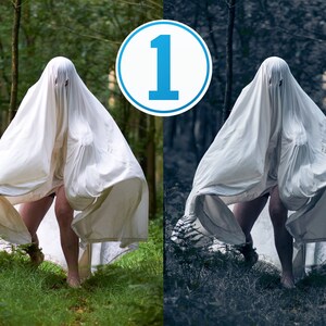 Puede incluir: Una persona vestida con una sábana blanca camina por un bosque oscuro. El rostro de la persona está oculto por la sábana. El bosque es oscuro y sombrío.