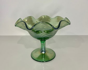 Vintage Imperial Iridescent Green Carnival Glass Compote