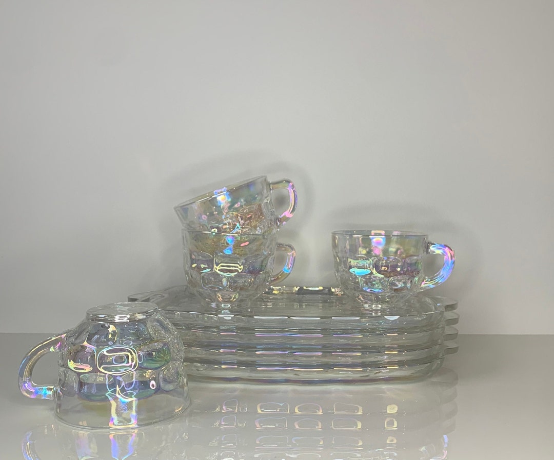 Vintage Federal Glass Company Yorktown Iridescent Snack Set Of 4 Teacups And 4 Biscuit Trays Etsy