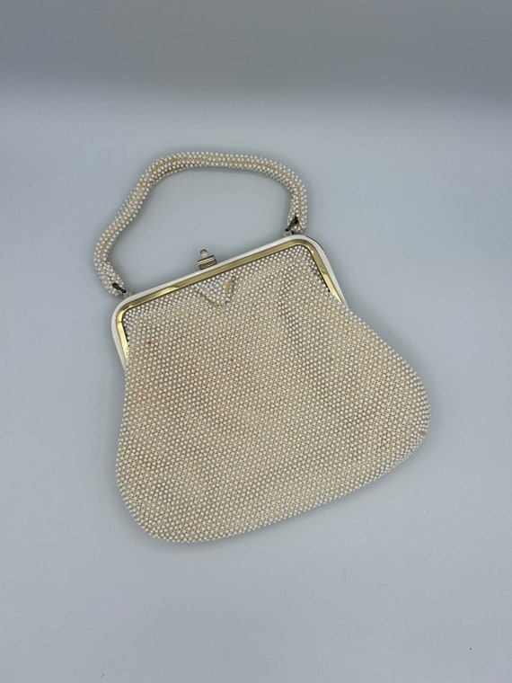 Vintage 1950s Lumured Cords-Beaded Handbag White … - image 1