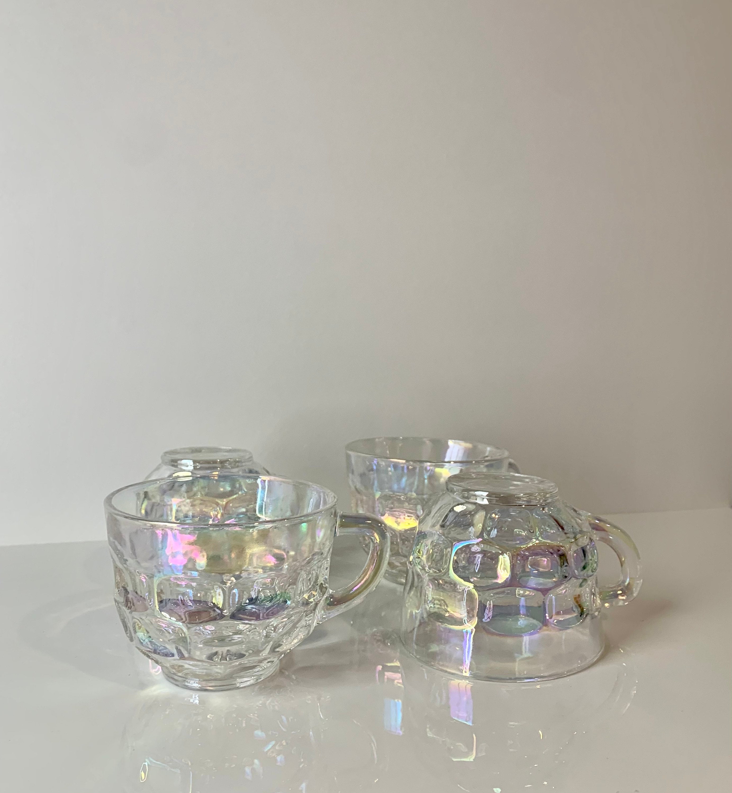 Vintage Federal Glass Company Yorktown Iridescent Snack Set Of 4 Teacups And 4 Biscuit Trays