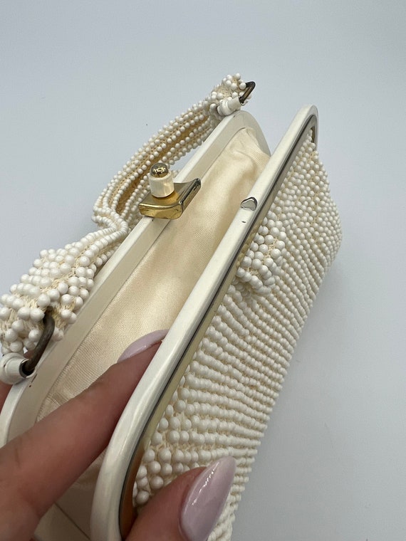 Vintage 1950s Lumured Cords-Beaded Handbag White … - image 9