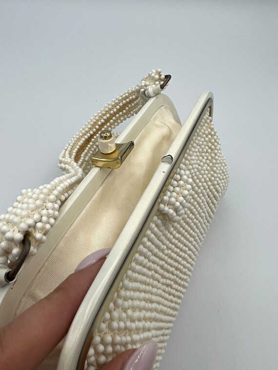 Vintage 1950s Lumured Cords-Beaded Handbag White … - image 8