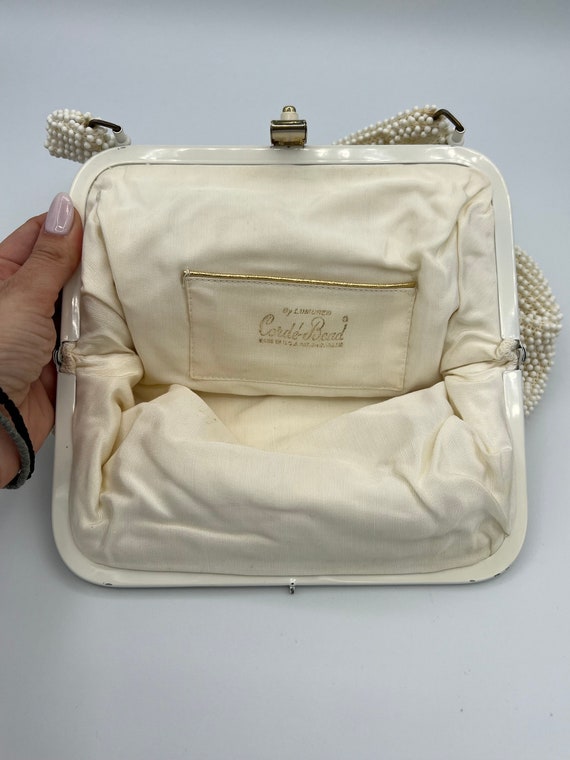 Vintage 1950s Lumured Cords-Beaded Handbag White … - image 7
