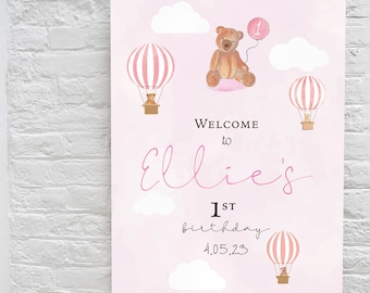 DIGITAL DOWNLOAD Pink Teddy Bear Welcome Sign. First 1st Birthday Sign, Baby Shower Sign Hot Air Balloon & Teddy Bear Sign Template