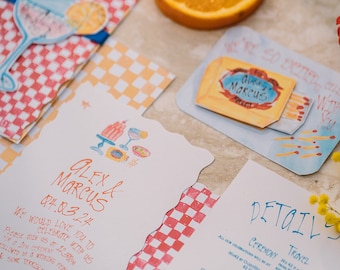 May include: A wedding invitation with a red and white checkered pattern. The invitation features a handwritten message that says "Alex & Marcus 04.03.24" and the text "We would love you to celebrate with us".