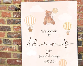 DIGITAL DOWNLOAD Cream and Neutrals Teddy Bear Welcome Sign. First 1st Birthday Sign,  Hot Air Balloon & Teddy Bear Sign Template