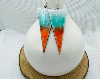 Enamel earrings in white teal and orange with sterling silver ear wires