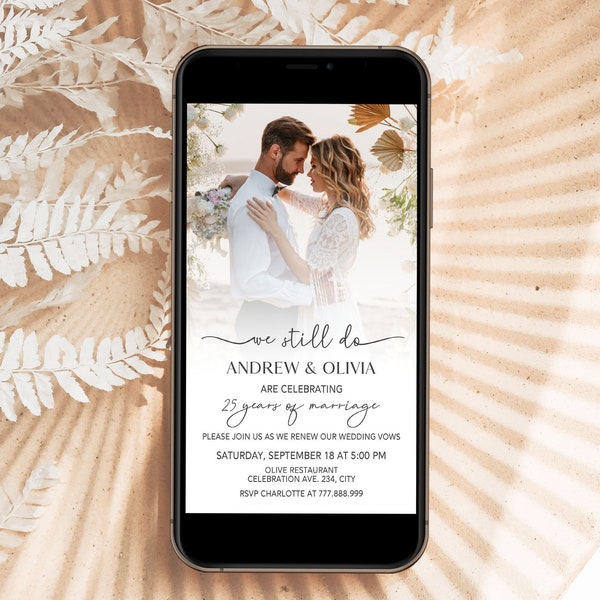 Vow Renewal Electronic Invitation, Photo Wedding Anniversary Evite, Editable Text Message Invitation