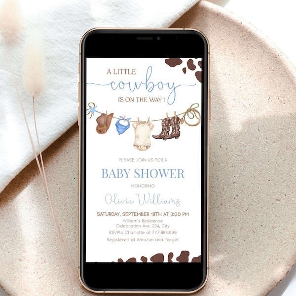 Little Cowboy Baby Shower E invite Editable, Western Electronic Invitation, Country Boy Baby Shower Invite | WSB