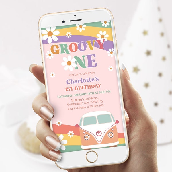 Groovy One Birthday Electronic Invitation Template, Daisy Rainbow First Birthday Evite for Girl, Digital Text Birthday Invite