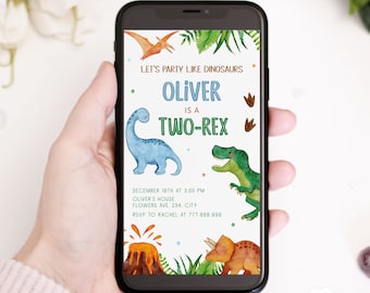 Two Rex Birthday Text Invitation, Dinosaur Boy 2nd Birthday Invite Template, Jurassic Party Phone Invite