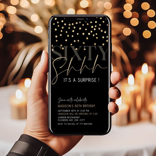 Surprise 60th Birthday Electronic Invitation Editable, Shhh It's a Surprise Phone Invite, Black and Gold Sixty Invitation