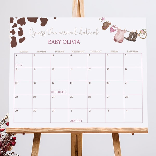 Cowgirl Baby Shower Due Date Calendar Editable, Pink Western Prediction Game Poster Printable, Guess The Due Date | WSG