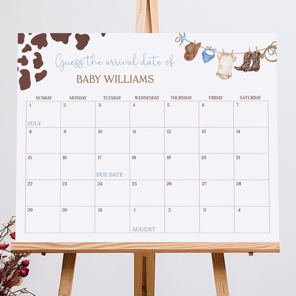 Cowboy Baby Shower Due Date Calendar Editable Prediction Game Poster Printable Guess The Due Date | WSB