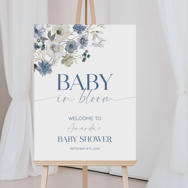 Blue Wildflowers Baby Shower Welcome Sign Editable, Boy Baby in Bloom Welcome Poster Template, Spring Baby Sower Decor | BIB2