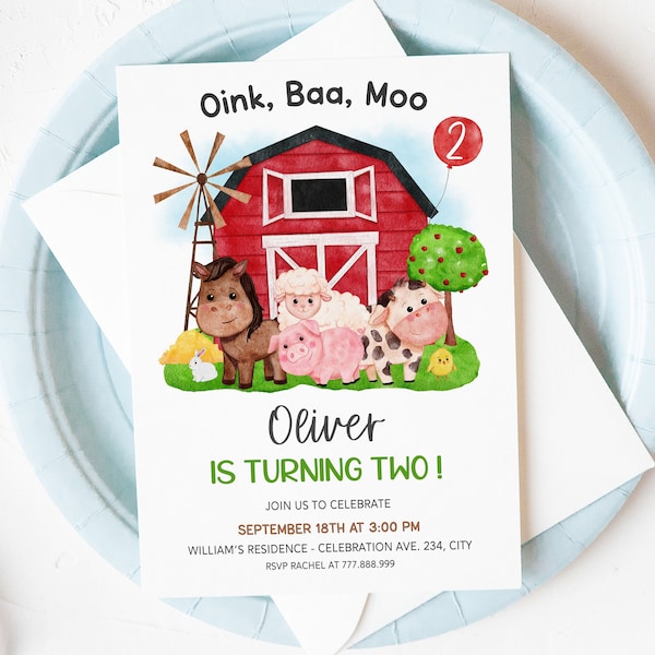 Oink Baa Moo Birthday Invitation Editable, Any Age, Petting Zoo Party, Barn Birthday Invite, 5x7" Corjl Template