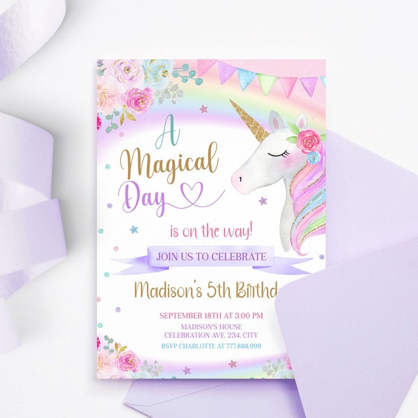 Editable Unicorn Birthday Invitation, Magical Unicorn Birthday Invite, Pastel Rainbow Girl Birthday Digital Download