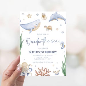 Invito modificabile Oneder the Sea, invito per il primo compleanno di un bambino, modello per il primo compleanno di creature marine