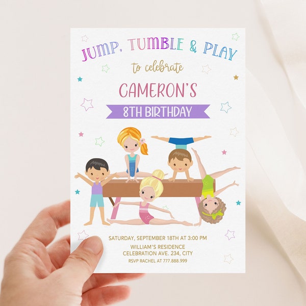 Gymnastics Birthday Invitation Editable, Boys and Girls Gymnastics Party, 5x7" Corjl Template