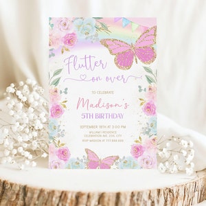 Butterfly Rainbow Birthday Invitation Template, Whimsical Butterfly Garden Invite Printable, Pastel Floral Party Editable