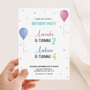 Joint Birthday Party Invitation, Boy and Girl Party Invite, Siblings birthday Party, 5x7" Corjl Editable Template