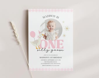 Girl Silly Goose 1st Birthday Invitation with Photo, Pink Invite Editable, Canva Template