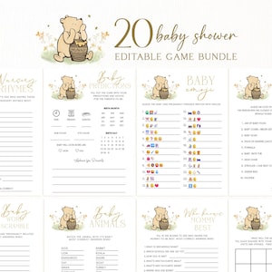 May include: A baby shower game bundle with a Winnie the Pooh theme. The bundle includes various games like nursery rhymes, baby predictions, baby emojis, and baby bingo. The design features soft colors and illustrations of Winnie the Pooh.