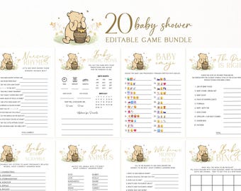 Winnie-The-Pooh Baby Shower Games Bundle, Neutral Game Package, Canva Printable