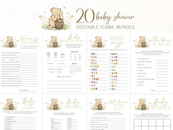Winnie-The-Pooh Baby Shower Games Bundle, Neutral Game Package, Canva Printable