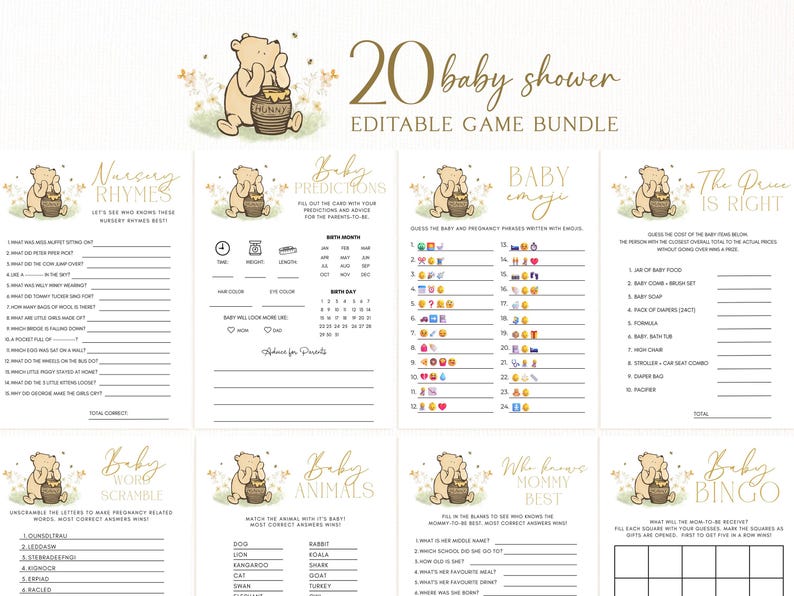 Winnie-The-Pooh Baby Shower Games Bundle, Neutral Game Package, Canva Printable