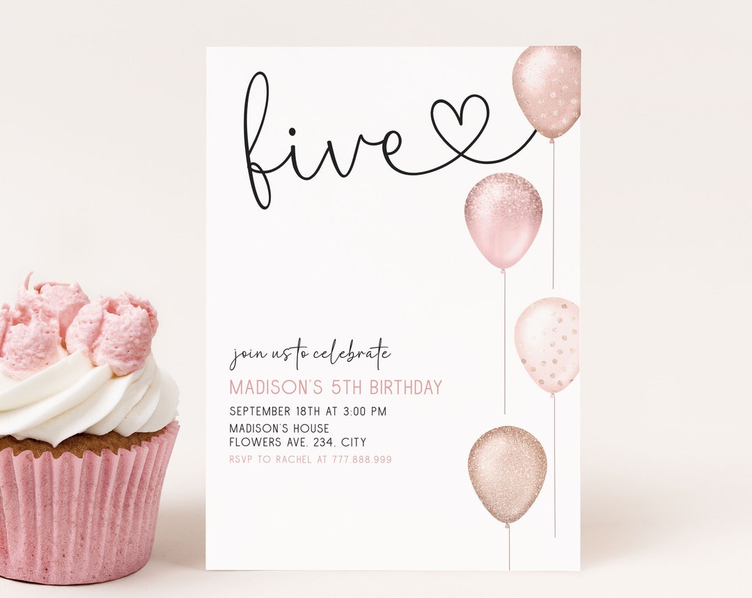 5th Birthday Invitation Girl Template, Five Invite Editable, Pink ...