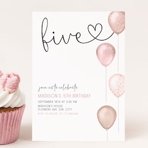 5th Birthday Invitation Girl Template, Five Invite Editable, Pink Glitter Balloons Printable