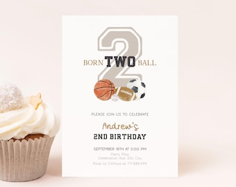Editable 2nd Birthday Invitation Sports Theme, Born Two Ball Birthday Invite Printable, Boy 2nd Birthday Party Corjl Template
