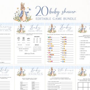 May include: A baby shower game bundle with a Peter Rabbit theme. The bundle includes 20 editable games with a blue and white gingham pattern and watercolor illustrations of Peter Rabbit and flowers. Games include Nursery Rhymes, Baby Predictions, and Baby Bingo.